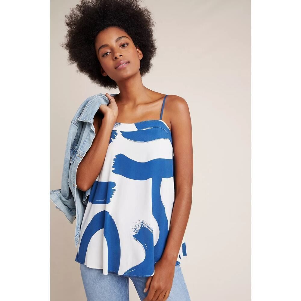Anthropologie Maeve Sacha Swing Blouse Women's Small Cream Blue Swirl Strappy